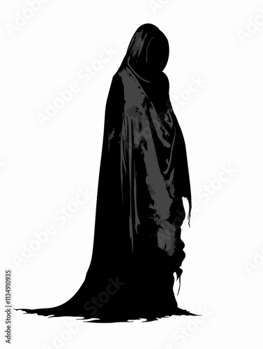 Dark figure is standing in front of a white background. The figure is wearing a black cloak and he is shrouded in darkness. Scene is eerie and mysterious