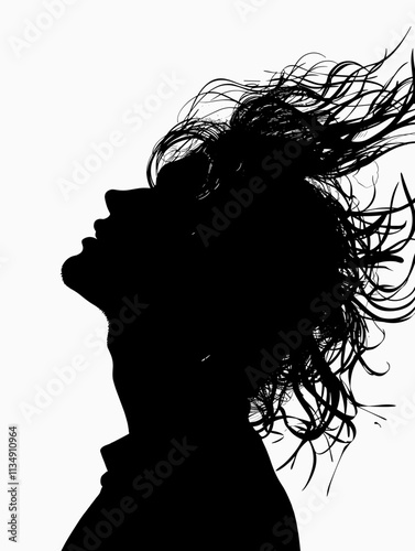 Woman with long hair is shown in a silhouette. The hair is blowing in the wind, giving the image a sense of movement and energy. The woman's face is not visible, but the focus is on her hair