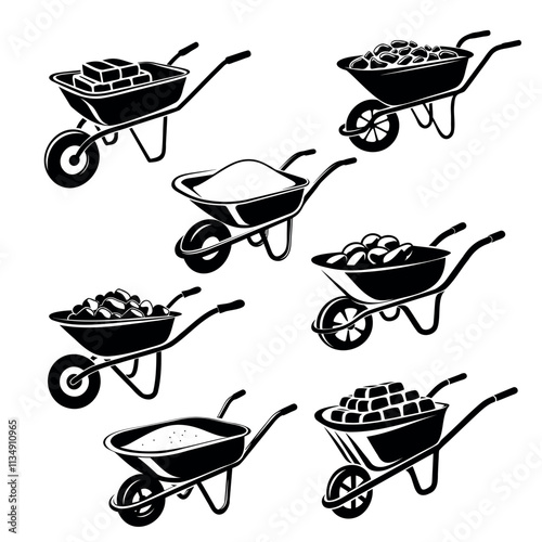set of wheelbarrow icons with stone and sand black outline