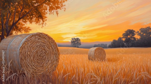 Golden sunset over straw bales in serene wheat field showcasing nature's beauty and agricultural landscapes. photo