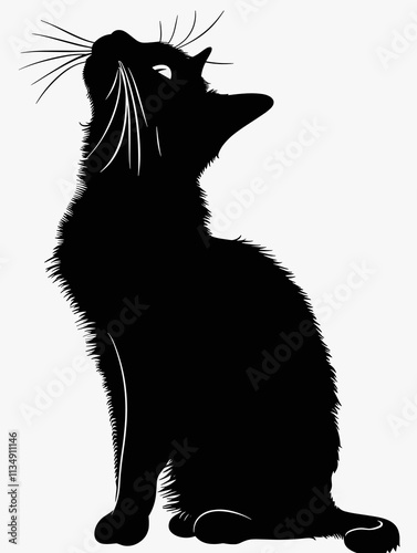 Black cat is sitting on a white background. The cat is looking up at something, possibly a bird or a toy. The image has a calm and peaceful mood, as the cat is relaxed and not in motion