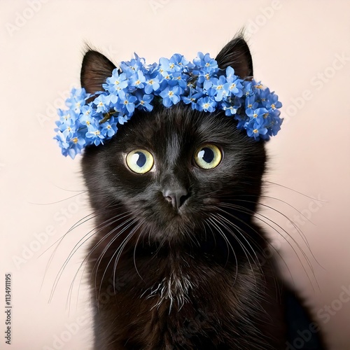 portrait of a black kitty cat, flowers, forget me not, floral, crown, 