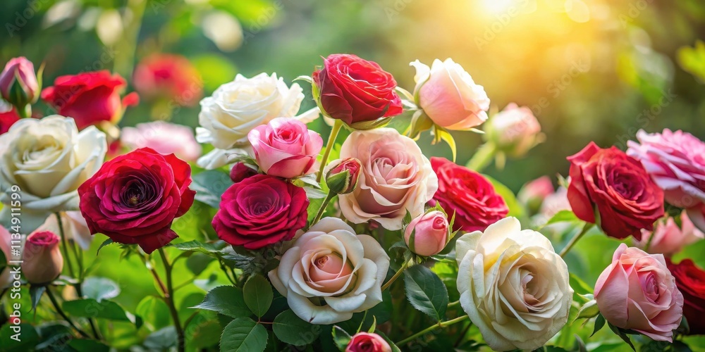 A vibrant bouquet of roses in various shades of pink, white, and red basking in the warm glow of the sun. A vibrant bouquet of roses in various shades of pink, white, and red basking in the warm glow of the sun.
