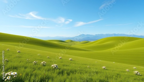 A sweeping vista of rolling green hills, bathed in sunlight, and dotted with clusters of wildflowers. Lush green hills under a vibrant blue sky.