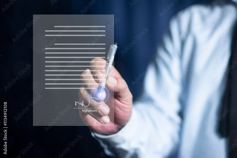 Businessman hand electronic signature on tablet by stylus. Write business agreement of contract. Electronic signature concept, Paperless office, Future business contract signing. Businessman hand electronic signature on tablet by stylus. Write business agreement of contract. Electronic signature concept, Paperless office, Future business contract signing.