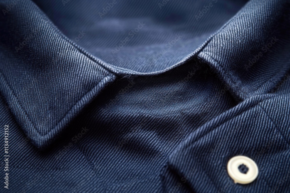 Navy Blue Shirt Collar Close-Up Texture with Blank Laundry Care Label on Fabric Background Navy Blue Shirt Collar Close-Up Texture with Blank Laundry Care Label on Fabric Background