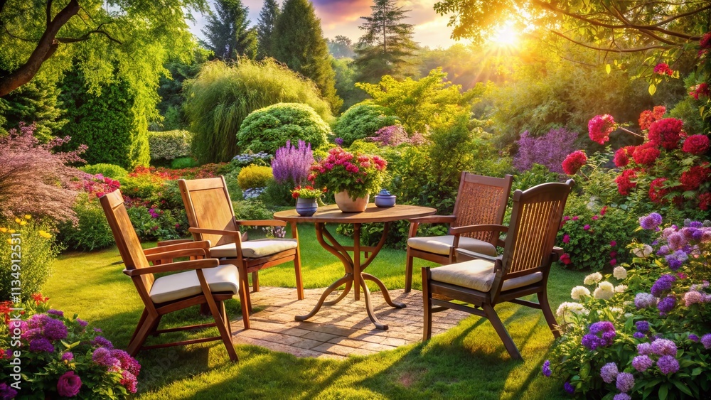 Elegant Garden Furniture Set in a Lush Green Backyard Surrounded by Vibrant Flowers, Perfect for Outdoor Relaxation and Entertaining, Showcasing Style and Comfort in Nature Elegant Garden Furniture Set in a Lush Green Backyard Surrounded by Vibrant Flowers, Perfect for Outdoor Relaxation and Entertaining, Showcasing Style and Comfort in Nature