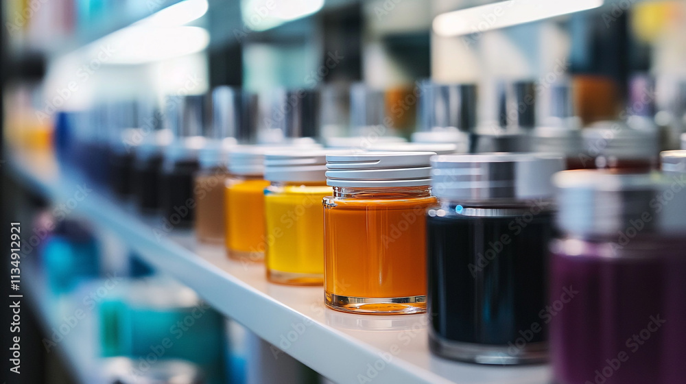 Colorful jars of paint displayed on a shelf in an artist's studio or workshop Colorful jars of paint displayed on a shelf in an artist's studio or workshop