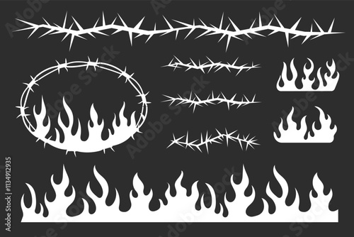 Neo tribal pink emo borders, barb wire and flame y2k aesthetic tattoo gothic, fire abstract silhouette isolated on background. Divider, border, cyber body ornament, neotribal web goth decoration
