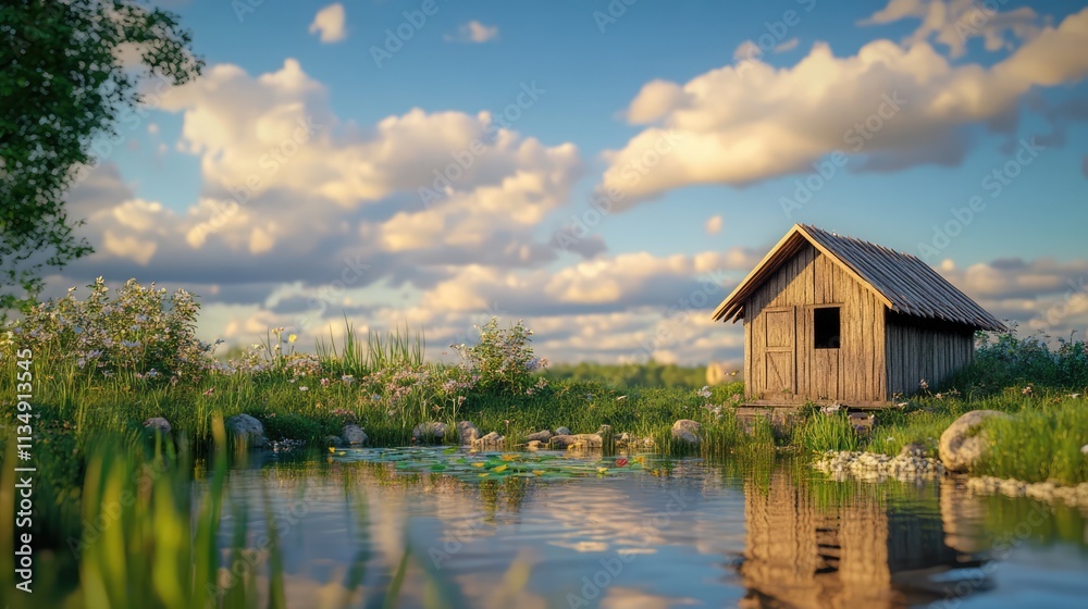 Fototapeta premium Serene countryside scene featuring a rustic chicken house beside a tranquil fish pond under a picturesque sky with fluffy clouds