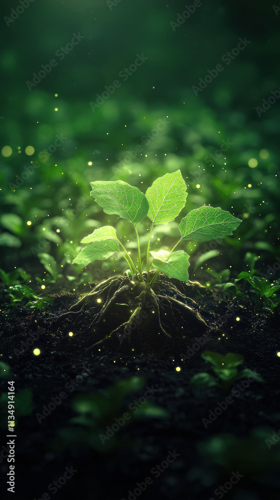 vibrant plant with glowing leaves emerges from rich soil, symbolizing growth and renewal in magical garden vibrant plant with glowing leaves emerges from rich soil, symbolizing growth and renewal in magical garden