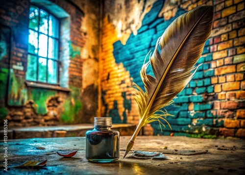 Elegant Ink Bottle with Feather: A Vintage Writing Tool Surrounded by Urban Exploration Elements for Creative Inspiration and Nostalgic Charm photo