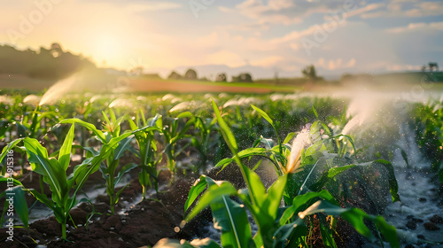 Golden Hour Irrigation: Lush corn field thriving under the warm glow of the setting sun, receiving a gentle spray of irrigation water.  The scene evokes a sense of growth. photo