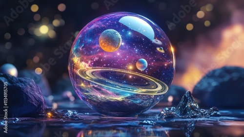 Crystal ball showcasing a vibrant solar system reflecting themes of space, future environments, and sustainability concepts in nature photography photo