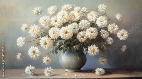 Elegant bouquet of white chrysanthemums in a decorative vase on a wooden table with a soft atmospheric background