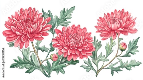 Pink chrysanthemums illustration with vibrant petals and lush green leaves on a clean white background, ideal for floral design projects.