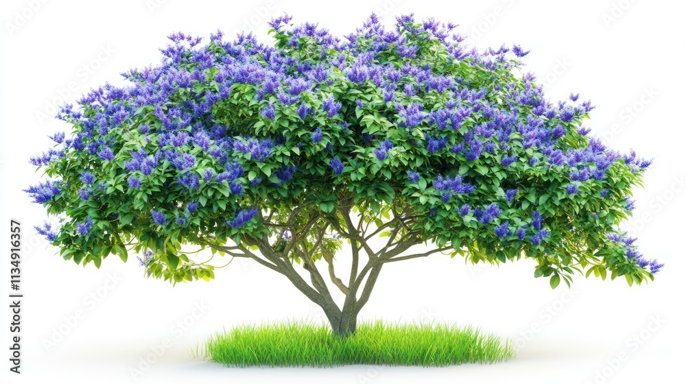 Obraz premium Duranta repens Gold tropical shrub with vibrant lilac blue flowers isolated on white background showcasing its dense golden foliage and green base.