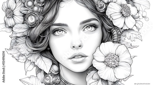 Beautiful young woman with flowers, steampunk art, coloring page 