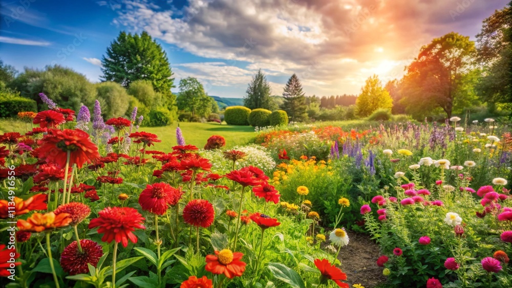 Beautiful red flowers in garden - summer meadow panorama, wellness background, recreation, banner
Beautiful red flowers in garden - summer meadow panorama, wellness background, recreation, banner