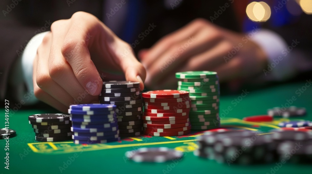 Close-up of a player's hand organizing poker chips of various colors during an intense game in a casino setting. The focus on the chips and hand suggests high-stakes gambling and strategic play.. AI Close-up of a player's hand organizing poker chips of various colors during an intense game in a casino setting. The focus on the chips and hand suggests high-stakes gambling and strategic play.. AI