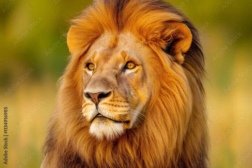 Obraz premium Close up portrait of a majestic male lion with a thick mane illuminated by soft sunlight, showcasing its regal presence in natural habitat