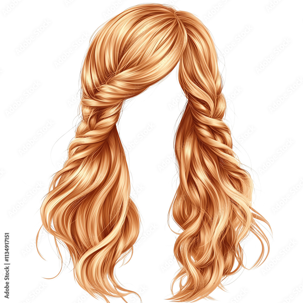 A vibrant, wavy hair design featuring a rich golden hue with intricate braids and loose curls. A vibrant, wavy hair design featuring a rich golden hue with intricate braids and loose curls.