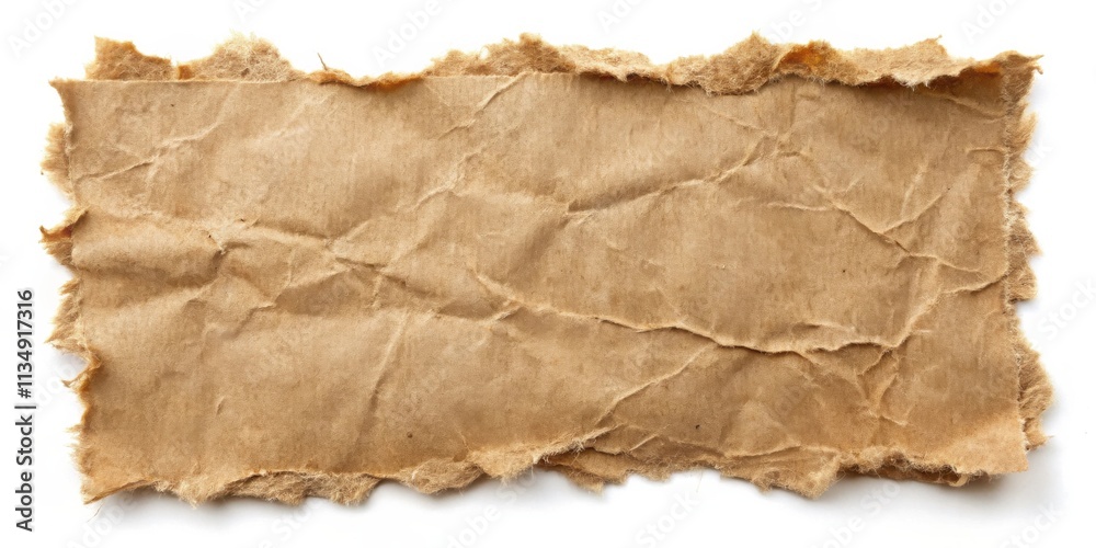 A Close-up of a Piece of Brown, Crumpled Paper with Ragged Edges Isolated on a White Background