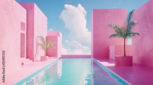 Tropical paradise with vibrant pink architecture and palm trees reflected in serene pool under blue sky and fluffy clouds