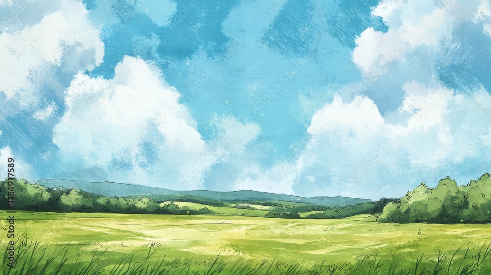 Obraz premium Vibrant green field under a bright blue sky with fluffy clouds in a serene landscape illustration