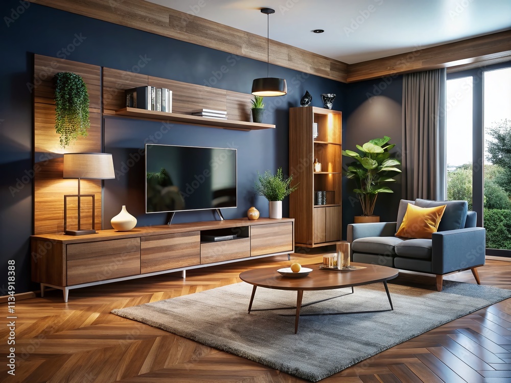 Fototapeta premium Elegant Modern Living Room Featuring Wooden Furniture, Large Flat Screen TV, and Minimalistic Design against a Dark Wall Background for Contemporary Interior Inspiration