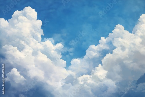 White cumulus clouds are filling a textured, painted blue sky, creating a dreamy and peaceful atmosphere