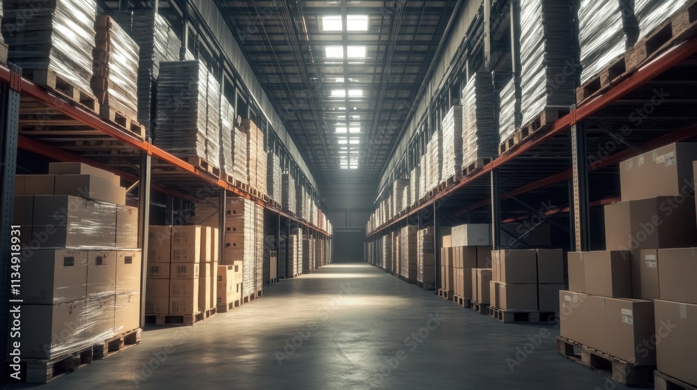 Wide and bright-lit warehouse aisle with neatly stacked pallets and boxes, showcasing the large storage capacity. Wide and bright-lit warehouse aisle with neatly stacked pallets and boxes, showcasing the large storage capacity.