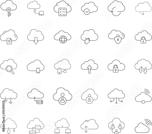 Cloud Computing Icons Storage, Security, Networking, and Synchronization