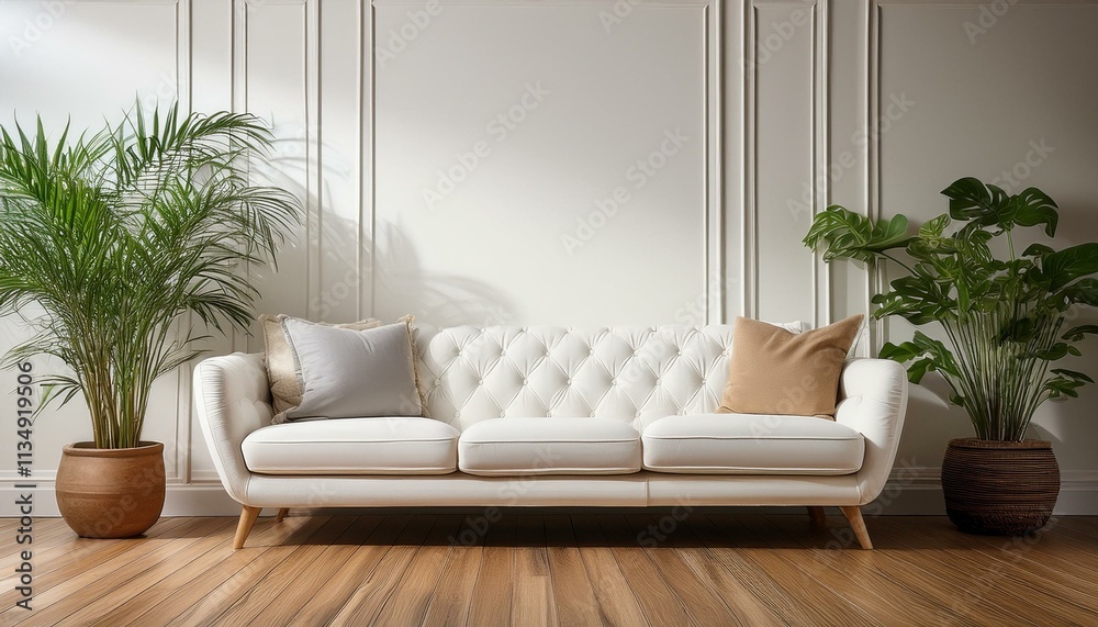 Living room, minimalistic interior with white sofa, white walls and wooden floor Living room, minimalistic interior with white sofa, white walls and wooden floor