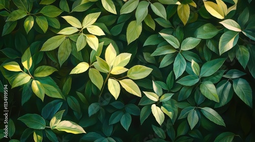 Close-up view of dense foliage featuring assorted green leaves, some exhibiting a yellowish-green hue, with glossy textures and sunlight filtering through, nature, botanical, greenery.