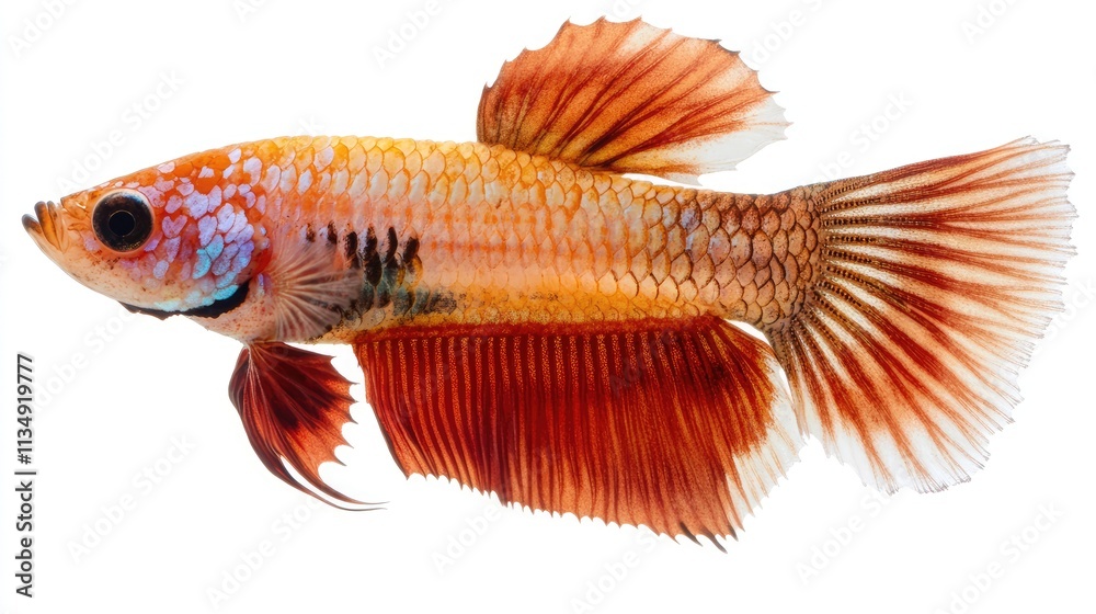 Fototapeta premium Vibrant Betta splendens fish showcasing colorful fins against a clean white background for aquatic theme design or educational content.