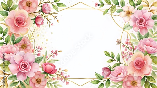 Elegant Pink and Gold Floral Frame with Copy Space for Text, Perfect for Wedding Invitations, Mother's Day, Valentine's Day, and Birthday Greeting Cards in Watercolor Style