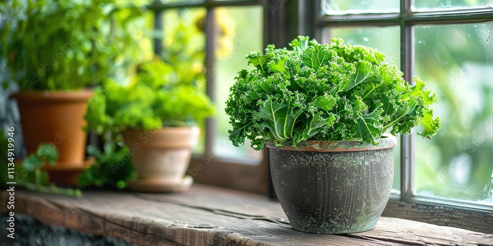 A pot of kale growing on a kitchen window sill over a setting of nature offers an exquisite green image with a verdant plant and space, Generative AI. A pot of kale growing on a kitchen window sill over a setting of nature offers an exquisite green image with a verdant plant and space, Generative AI.