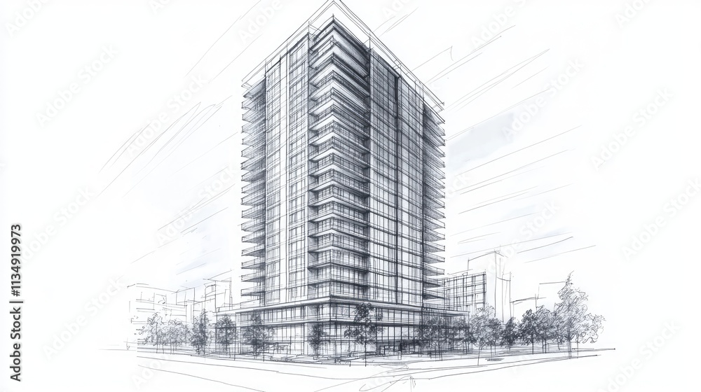 Fototapeta premium Architectural blueprint design of a modern condominium tower showcasing engineering plans and structure details for urban development projects.