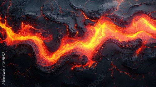 Fiery river of lava flowing through dark volcanic rock under a starry night sky in an otherworldly landscape