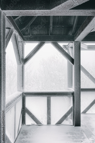 Winter landscape, white frost on wooden observation tower and tree branches, cold foggy day.