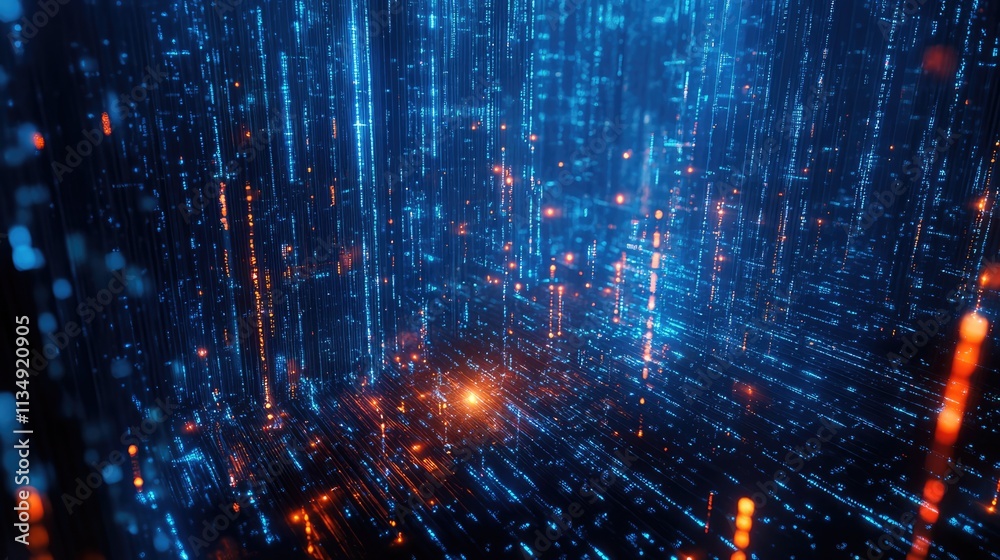 Fototapeta premium Futuristic abstract digital landscape with binary code elements representing wireless network connectivity and advanced technology concepts.