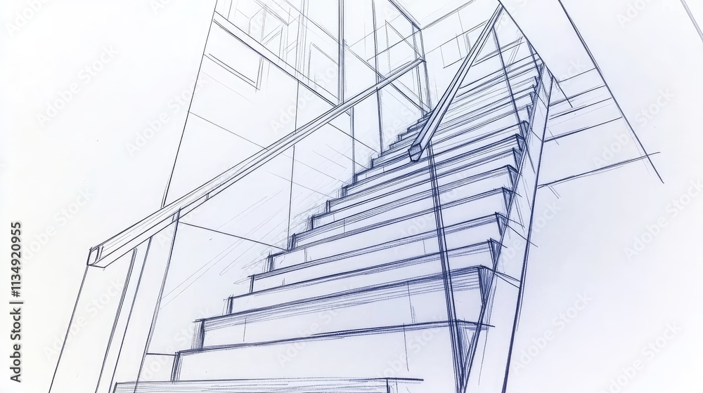 Obraz premium Renovation blueprint of a modern duplex featuring detailed wooden staircase design and architectural elements for interior planning