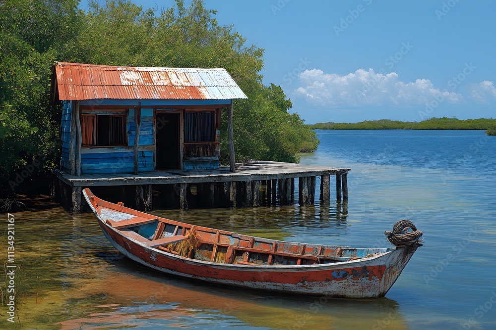 Obraz premium A fisherman's boat docked near a small pier