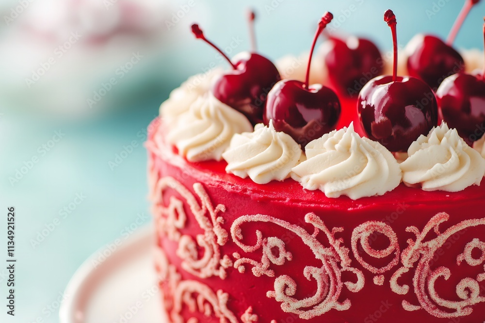 striking single-tier red cake, covered with intricate piped frosting details in baroque-style patterns, topped with glossy, deep red cherries for Valentines striking single-tier red cake, covered with intricate piped frosting details in baroque-style patterns, topped with glossy, deep red cherries for Valentines