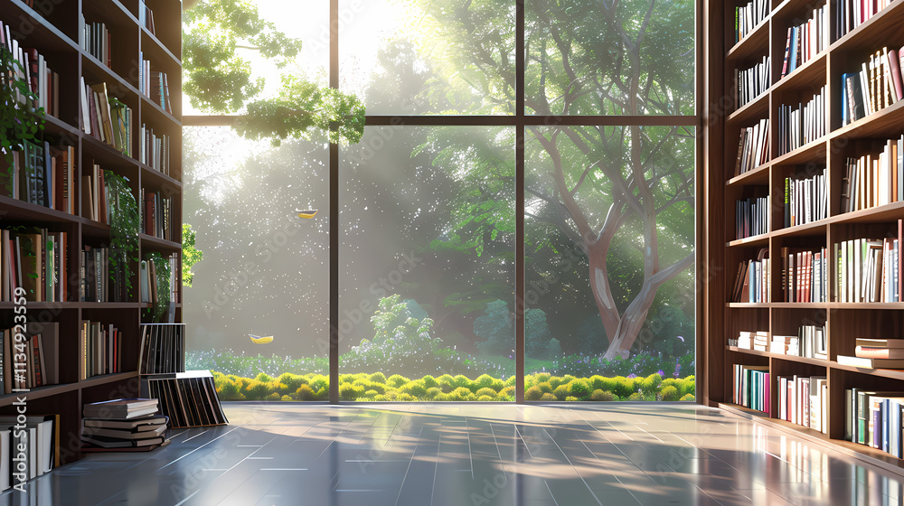 A Sanctuary of Knowledge: A serene and inviting library bathed in the golden light of a summer morning. Floor-to-ceiling bookshelves, filled with an endless expanse of knowledge. A Sanctuary of Knowledge: A serene and inviting library bathed in the golden light of a summer morning. Floor-to-ceiling bookshelves, filled with an endless expanse of knowledge.
