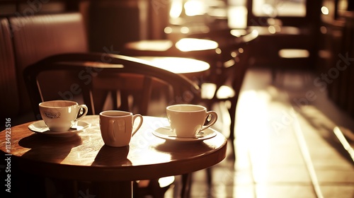 Two Coffee Cups on a Wooden Table in a Sunlit Cafe