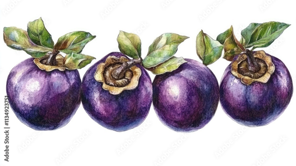 Obraz premium Watercolor illustration of ripe mangosteen fruits with green leaves on a clean white background for food and health concepts.