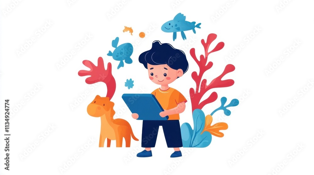 Child Holding Tablet Surrounded by Colorful Animals and Plants Child Holding Tablet Surrounded by Colorful Animals and Plants
