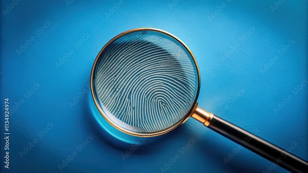 Close up of fingerprints under magnifying glass on blue background, fingerprints, magnifying glass, investigation Close up of fingerprints under magnifying glass on blue background, fingerprints, magnifying glass, investigation